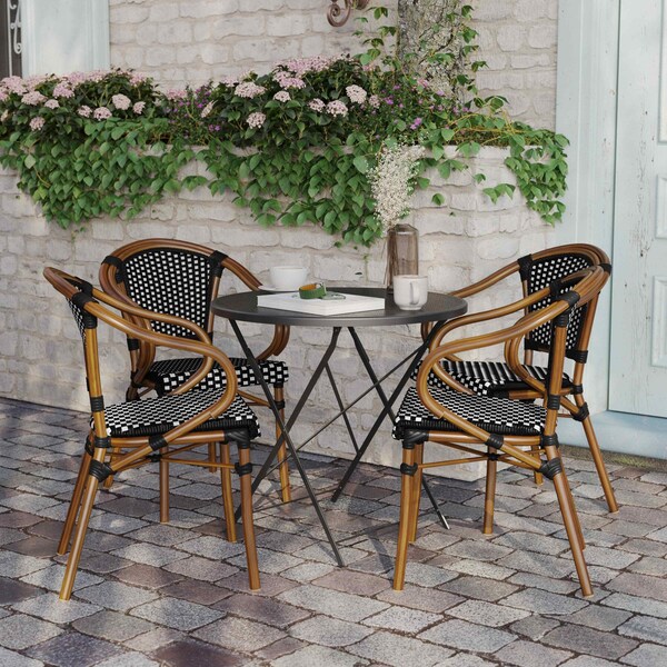 Flash Furniture Bordeaux French Bistro Stacking Chair w/Arms, Black/White PE Rattan/Bamboo Print Alum Frame, 4PK - 4-SDA-ADS642142-BKWH-NAT-GG