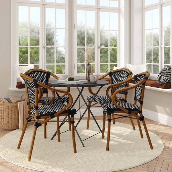 Flash Furniture Bordeaux French Bistro Stacking Chair w/Arms, Black/White PE Rattan/Bamboo Print Alum Frame, 4PK - 4-SDA-ADS642142-BKWH-NAT-GG
