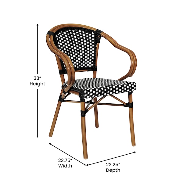 Flash Furniture Bordeaux French Bistro Stacking Chair w/Arms, Black/White PE Rattan/Bamboo Print Alum Frame, 4PK - 4-SDA-ADS642142-BKWH-NAT-GG