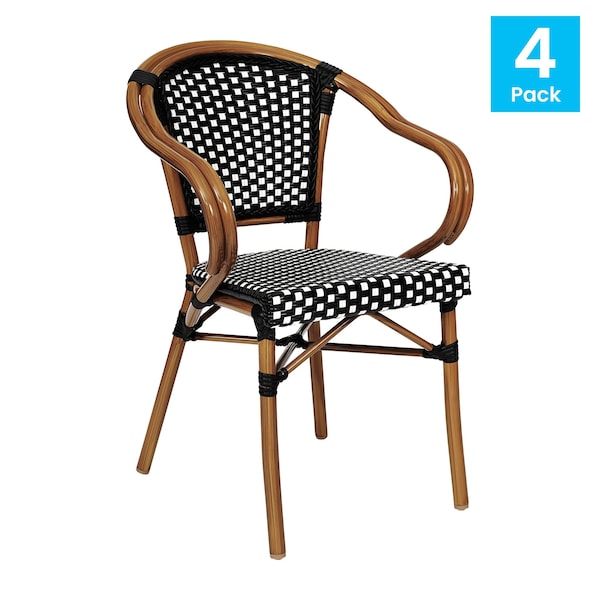 Flash Furniture Bordeaux French Bistro Stacking Chair w/Arms, Black/White PE Rattan/Bamboo Print Alum Frame, 4PK - 4-SDA-ADS642142-BKWH-NAT-GG