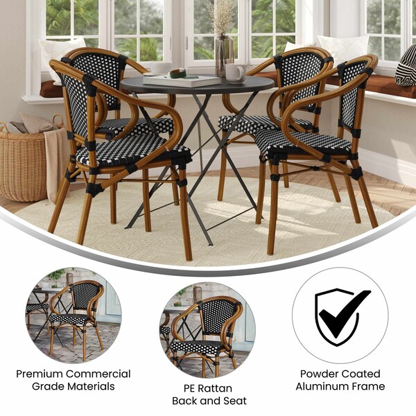 Flash Furniture Bordeaux French Bistro Stacking Chair w/Arms, Black/White PE Rattan/Bamboo Print Alum Frame, 4PK - 4-SDA-ADS642142-BKWH-NAT-GG