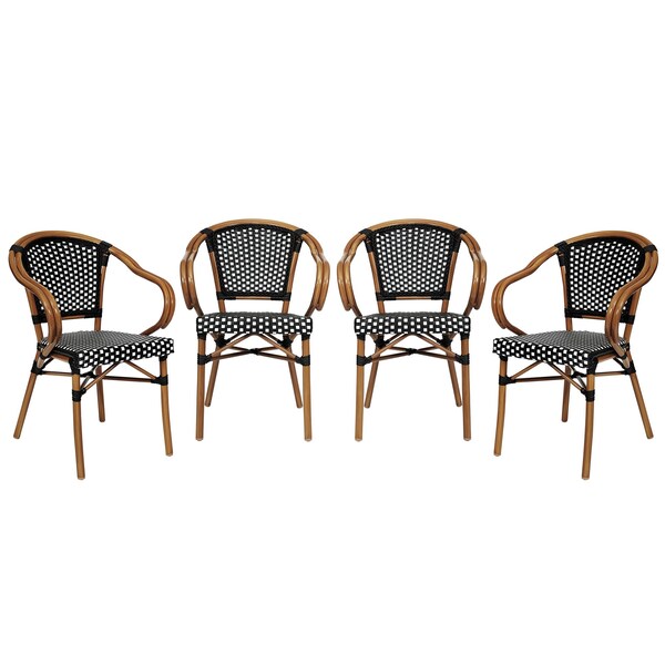 Flash Furniture Bordeaux French Bistro Stacking Chair w/Arms, Black/White PE Rattan/Bamboo Print Alum Frame, 4PK - 4-SDA-ADS642142-BKWH-NAT-GG