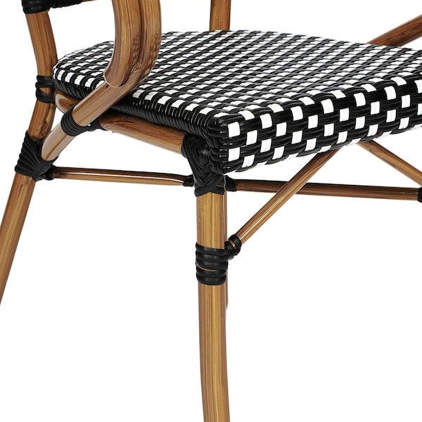 Flash Furniture Bordeaux French Bistro Stacking Chair w/Arms, Black/White PE Rattan/Bamboo Print Alum Frame, 4PK - 4-SDA-ADS642142-BKWH-NAT-GG