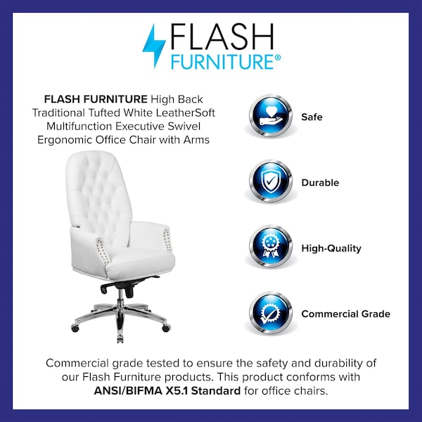 Flash Furniture Executive Chair Fixed Arms, 21" to 23-1/4" Height, Foam, White - BT-90269H-WH-GG