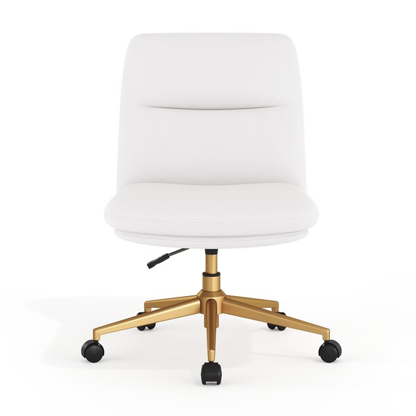 Flash Furniture Chloe Mid-Back White Padded LeatherSoft Armless Chair w/Wheels, Swivel Function, and Gold Frame - CH-232174-1-WH-GLD-GG