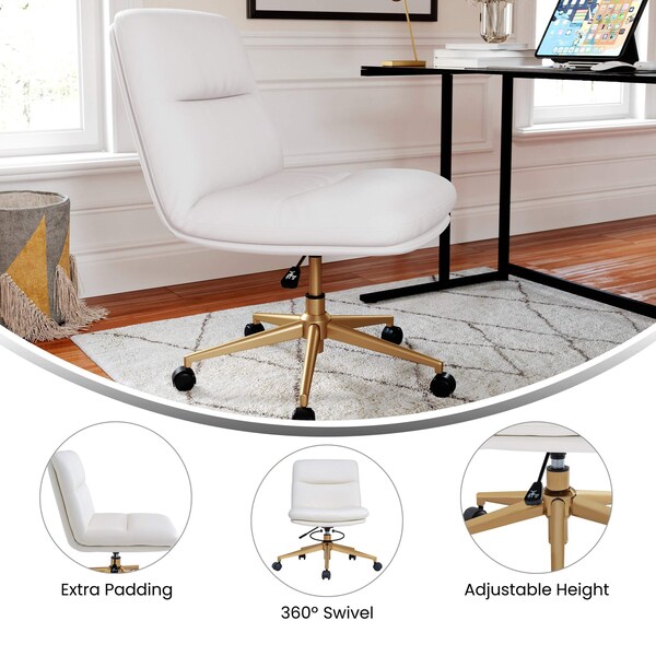 Flash Furniture Chloe Mid-Back White Padded LeatherSoft Armless Chair w/Wheels, Swivel Function, and Gold Frame - CH-232174-1-WH-GLD-GG