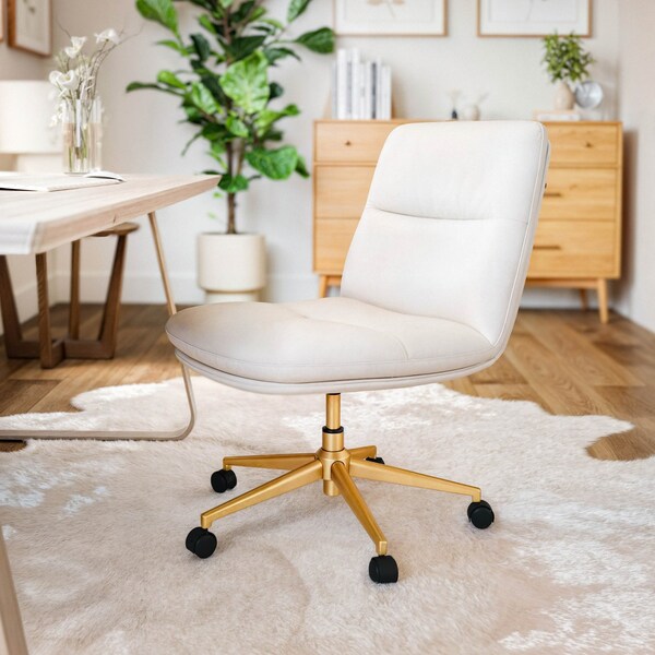 Flash Furniture Chloe Mid-Back White Padded LeatherSoft Armless Chair w/Wheels, Swivel Function, and Gold Frame - CH-232174-1-WH-GLD-GG