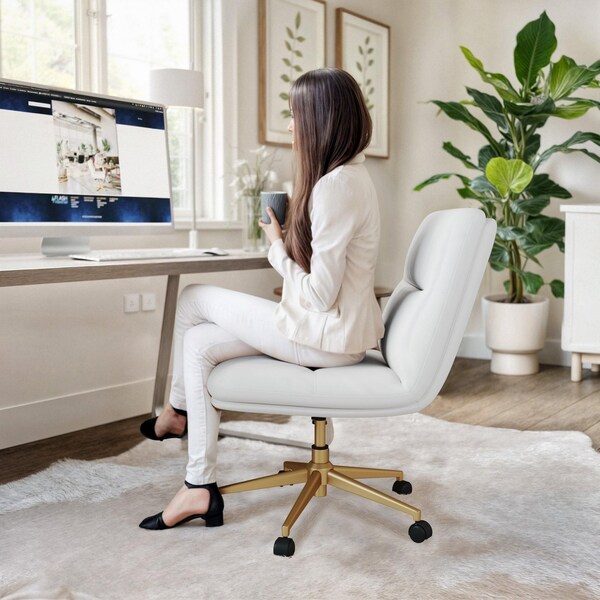Flash Furniture Chloe Mid-Back White Padded LeatherSoft Armless Chair w/Wheels, Swivel Function, and Gold Frame - CH-232174-1-WH-GLD-GG