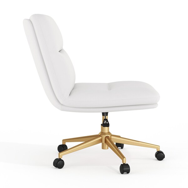 Flash Furniture Chloe Mid-Back White Padded LeatherSoft Armless Chair w/Wheels, Swivel Function, and Gold Frame - CH-232174-1-WH-GLD-GG