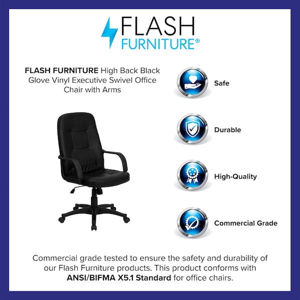 Flash Furniture Contemporary Chair High Back Exec Chair w/Arms, Black, 17" to 21" Height, Vinyl, Black - H8021-GG
