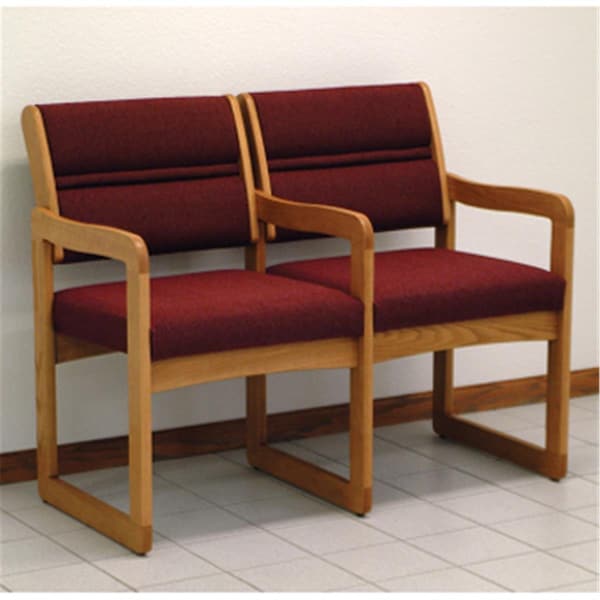 Wooden Mallet Valley Two Seat Chair with Center Arms in Medium Oak - Cabernet Burgundy - DW1-2MOCB