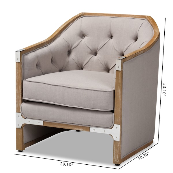 Baxton Studio Terina Grey-Beige Upholstered White Oak Armchair with Metal Accents - 156-9491