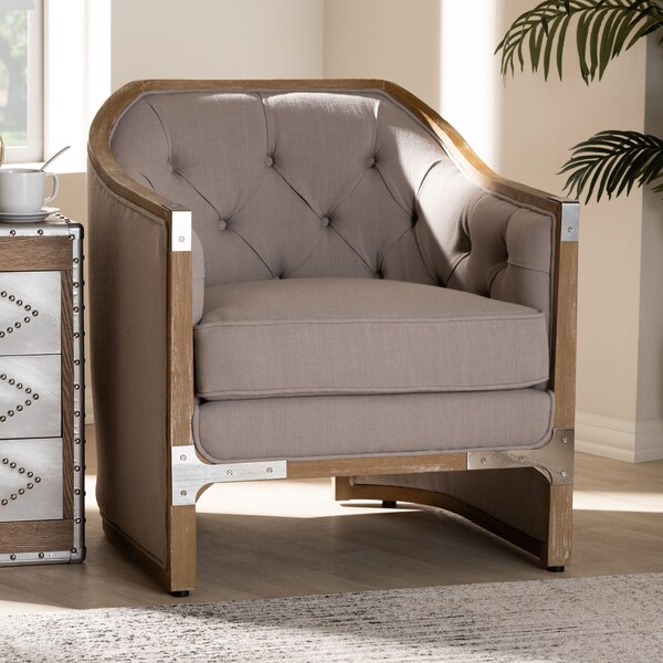 Baxton Studio Terina Grey-Beige Upholstered White Oak Armchair with Metal Accents - 156-9491