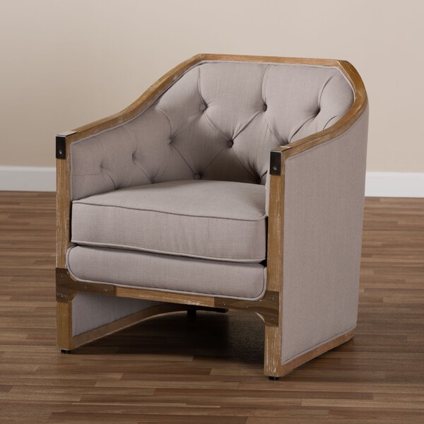 Baxton Studio Terina Grey-Beige Upholstered White Oak Armchair with Metal Accents - 156-9491
