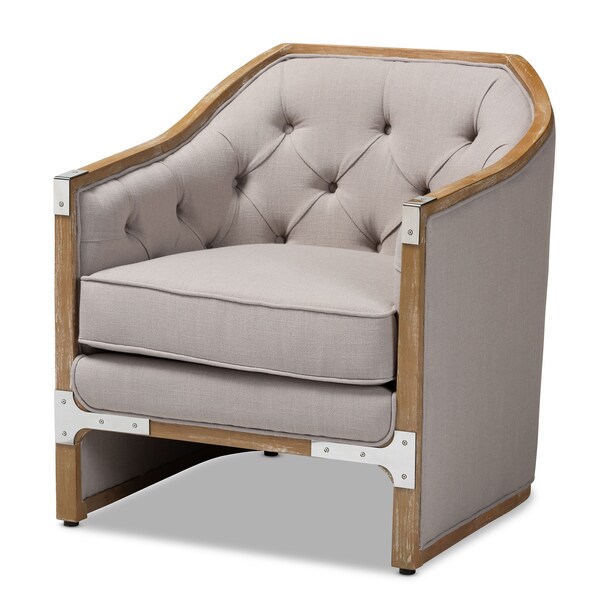 Baxton Studio Terina Grey-Beige Upholstered White Oak Armchair with Metal Accents - 156-9491