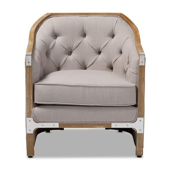 Baxton Studio Terina Grey-Beige Upholstered White Oak Armchair with Metal Accents - 156-9491