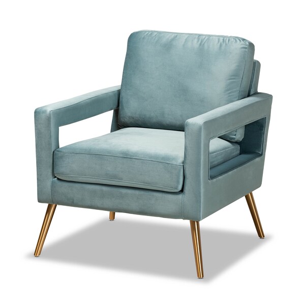 Baxton Studio Leland Glam and Luxe Light Blue Velvet Fabric and Gold Finished Armchair - 182-11447-ZORO