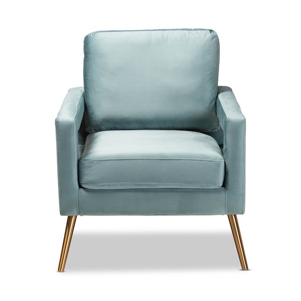 Baxton Studio Leland Glam and Luxe Light Blue Velvet Fabric and Gold Finished Armchair - 182-11447-ZORO