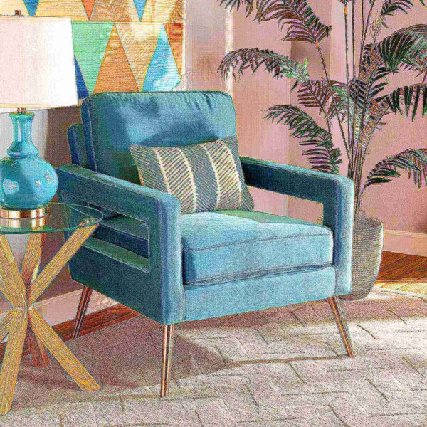 Baxton Studio Leland Glam and Luxe Light Blue Velvet Fabric and Gold Finished Armchair - 182-11447-ZORO