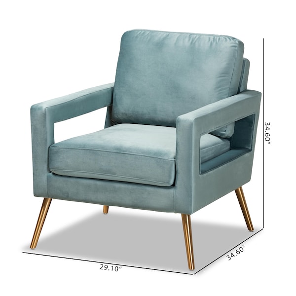 Baxton Studio Leland Glam and Luxe Light Blue Velvet Fabric and Gold Finished Armchair - 182-11447-ZORO