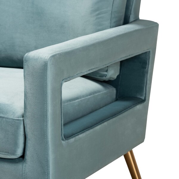 Baxton Studio Leland Glam and Luxe Light Blue Velvet Fabric and Gold Finished Armchair - 182-11447-ZORO