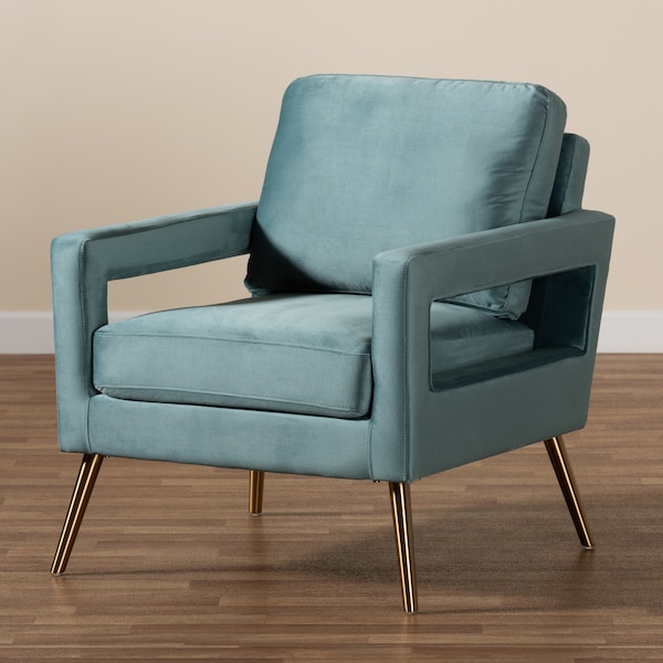 Baxton Studio Leland Glam and Luxe Light Blue Velvet Fabric and Gold Finished Armchair - 182-11447-ZORO