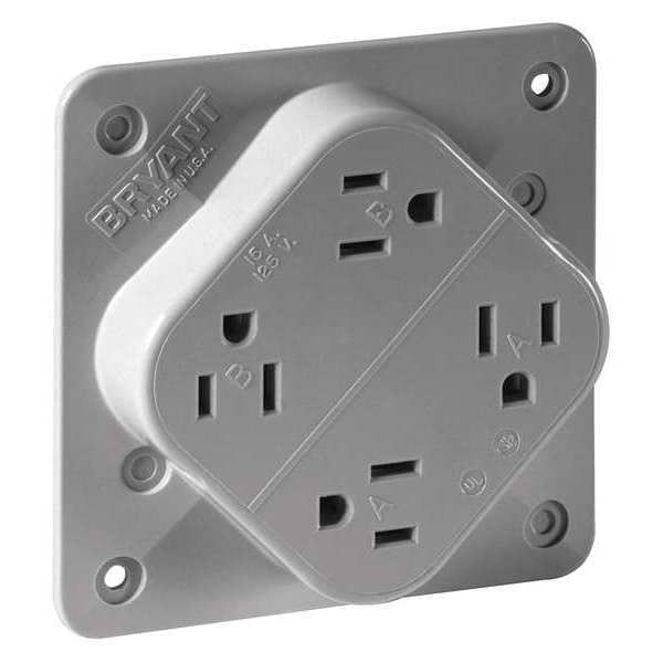 Zoro Select Receptacle, 15 A Amps, 125V AC, Flush Mount, Quad Outlet, 5-15R, Gray - 1254GY
