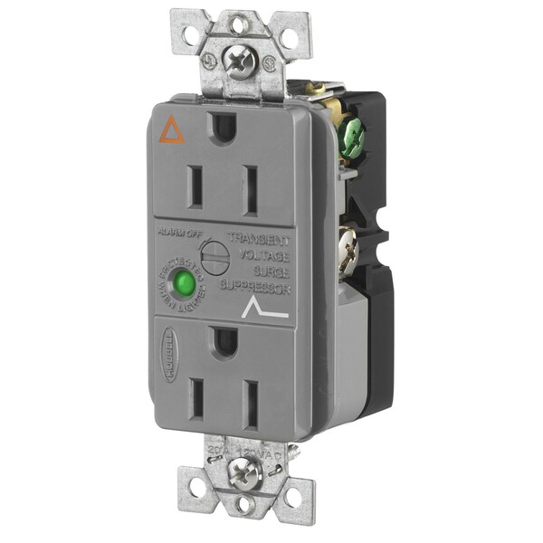 Hubbell Wiring Device-Kellems IG TVSS Duplex Receptacle with Light and Alarm, 15A 125V, 5-15R, Gray - IG5262GYSA