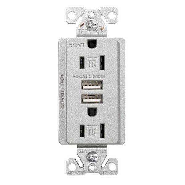 Arrow Hart TR7755SGKL Combination USB Receptacle, 2 Pole, 31 A USB, 15 A Receptacle, 2 USB Port - TR7765SG-KB-L