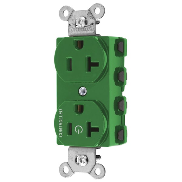 Hubbell Wiring Device-Kellems Straight Blade Devices, Receptacles, Duplex, SNAPConnect, Split Circuit, Half Controlled, 20A 125V, 2-Pole 3-Wire Grounding, 5-20R, Nylon, Green - SNAP5362C1GN
