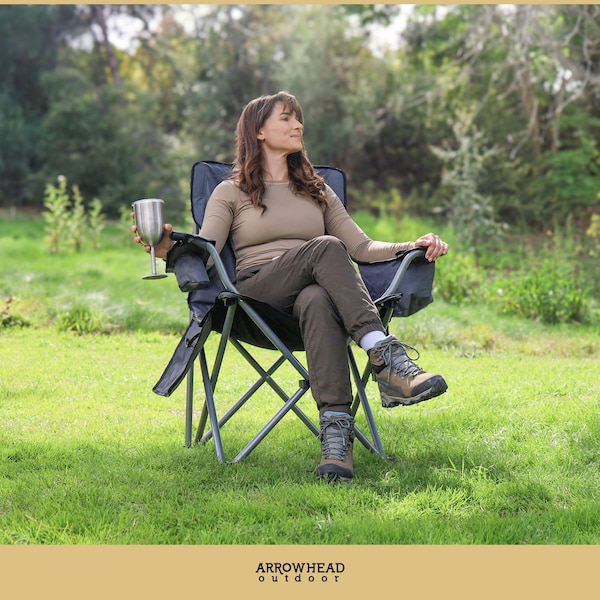 Arrowhead Outdoor Portable Folding USB-Heated Camping Chair with 6-Can Armrest Cooler, Gray - KKS0327U