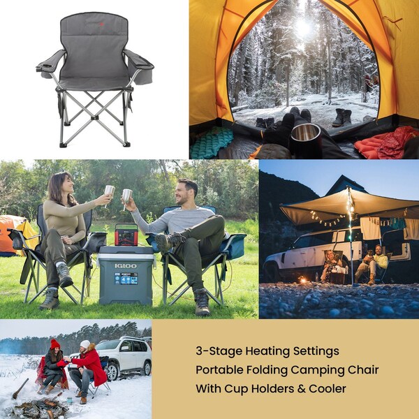 Arrowhead Outdoor Portable Folding USB-Heated Camping Chair with 6-Can Armrest Cooler, Gray - KKS0327U