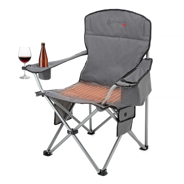 Arrowhead Outdoor Portable Folding USB-Heated Camping Chair with 6-Can Armrest Cooler, Gray - KKS0327U