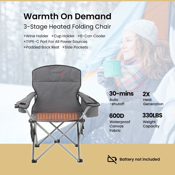 Arrowhead Outdoor Portable Folding USB-Heated Camping Chair with 6-Can Armrest Cooler, Gray - KKS0327U