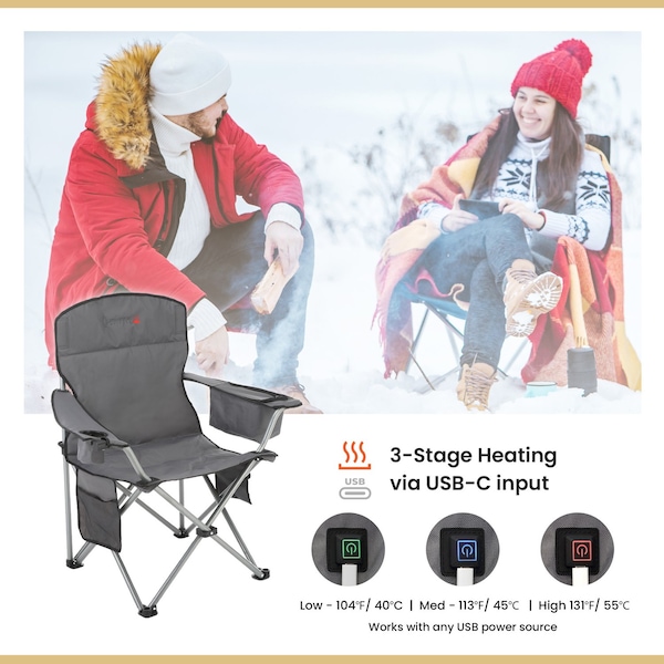 Arrowhead Outdoor Portable Folding USB-Heated Camping Chair with 6-Can Armrest Cooler, Gray - KKS0327U