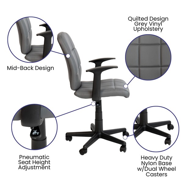 Flash Furniture Mid-Back Gray Quilted Vinyl Swivel Task Office Chair with Arms - GO-1691-1-GY-A-GG