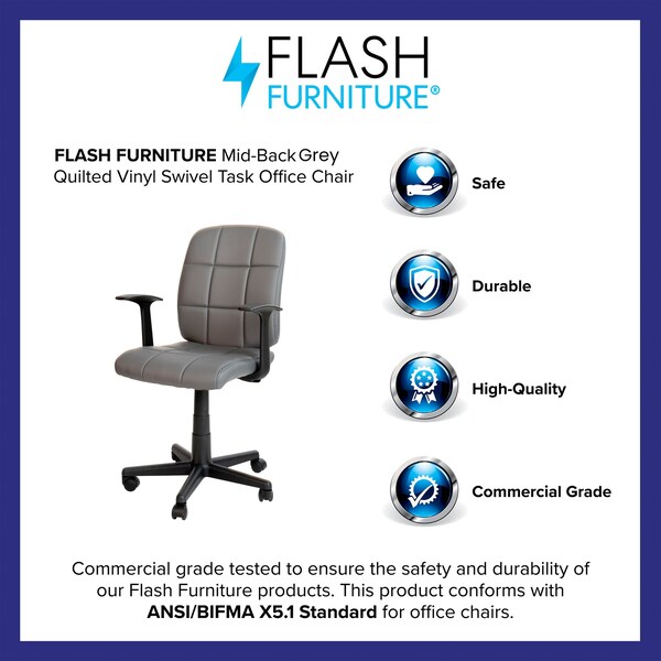 Flash Furniture Mid-Back Gray Quilted Vinyl Swivel Task Office Chair with Arms - GO-1691-1-GY-A-GG