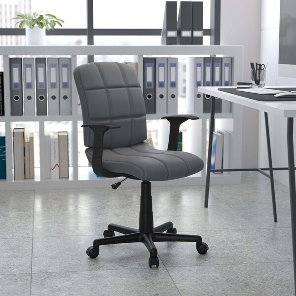 Flash Furniture Mid-Back Gray Quilted Vinyl Swivel Task Office Chair with Arms - GO-1691-1-GY-A-GG