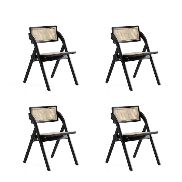 Manhattan Comfort Lambinet Folding Dining Chair in Black and Natural Cane, Set of 4 - 2-DCCA07-BK