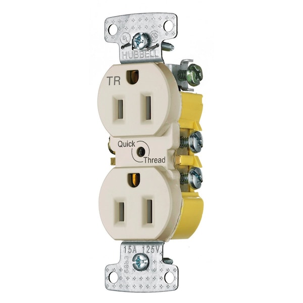 Hubbell Wiring Device-Kellems TradeSelect, Straight Blade Devices, Receptacles, Residential Grade, Tamper Resistant Duplex, Quick Thread, 15A 125V, 2-Pole 3-Wire Grounding, 5-15R - RR15QLATR