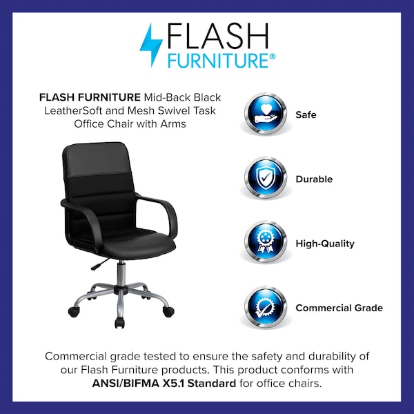 Flash Furniture Leather Contemporary Chair, 17-1/2" to 20-1/2", Fixed Arms, Black - LF-W-61B-2-GG