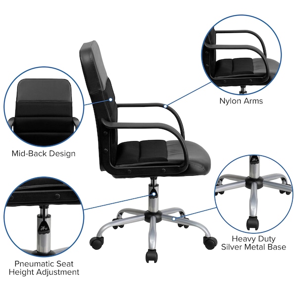 Flash Furniture Leather Contemporary Chair, 17-1/2" to 20-1/2", Fixed Arms, Black - LF-W-61B-2-GG