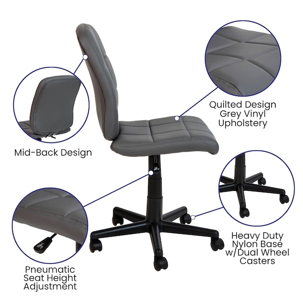 Flash Furniture Mid-Back Gray Quilted Vinyl Swivel Task Office Chair - GO-1691-1-GY-GG