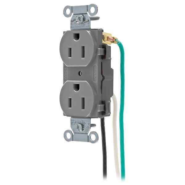 Hubbell Wiring Device-Kellems Straight Blade Devices, Receptacles, Duplex, Commercial Grade, 2-Pole 3-Wire Grounding, 15A 125V, 5-15R, Gray, Single Pack, With 8""Stranded Leads. - CR15GRYP2