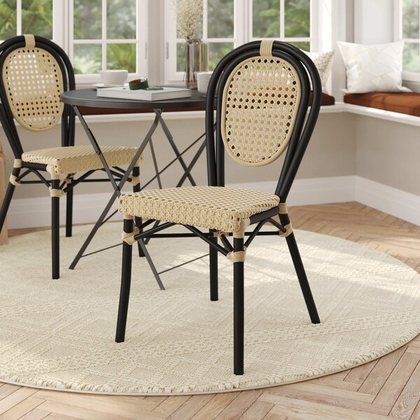 Flash Furniture Cannes Thonet French Bistro Stacking Chair, Natural PE Cane Rattan and Black Aluminum Frame - SDA-AD642110-1-NAT-BK-GG
