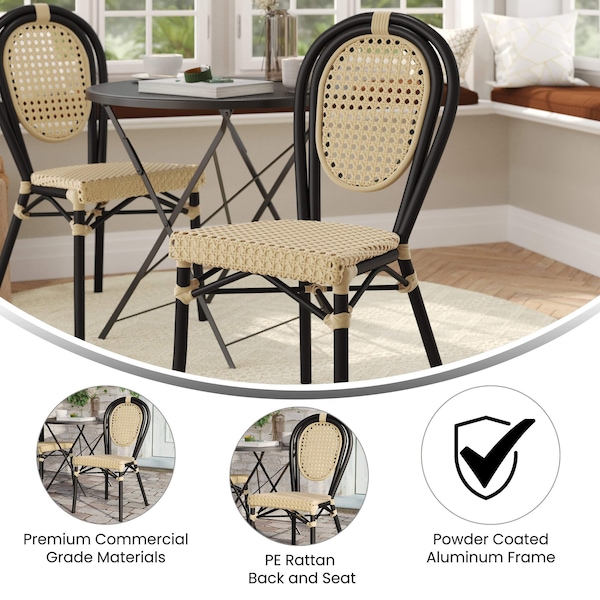 Flash Furniture Cannes Thonet French Bistro Stacking Chair, Natural PE Cane Rattan and Black Aluminum Frame - SDA-AD642110-1-NAT-BK-GG