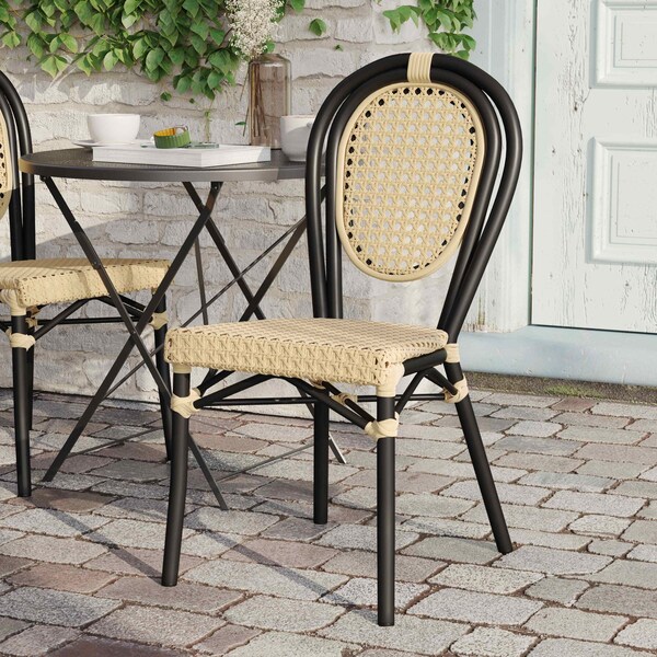 Flash Furniture Cannes Thonet French Bistro Stacking Chair, Natural PE Cane Rattan and Black Aluminum Frame - SDA-AD642110-1-NAT-BK-GG