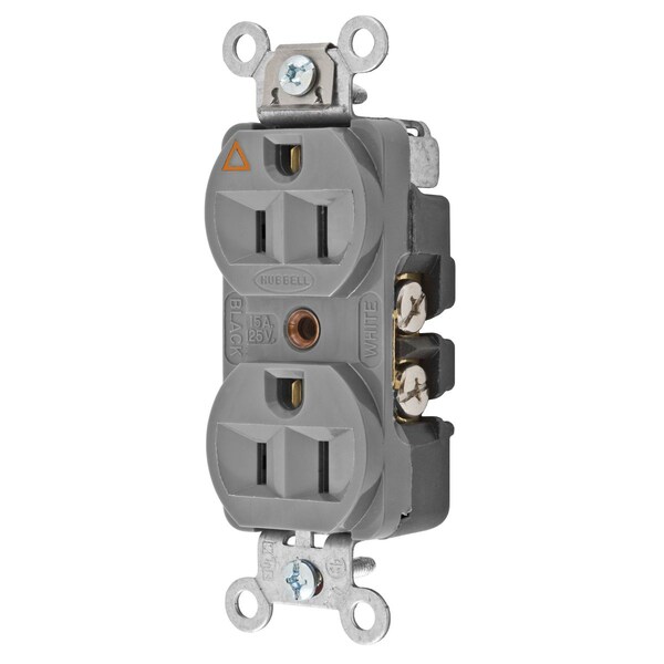 Hubbell Wiring Device-Kellems Straight Blade Devices, Receptacles, Duplex, Hubbell-Pro Heavy Duty, 2-Pole 3-Wire Grounding, 15A 125V, 5-15R, Gray, Single Pack, Isolated Ground. - CR5252IGGY