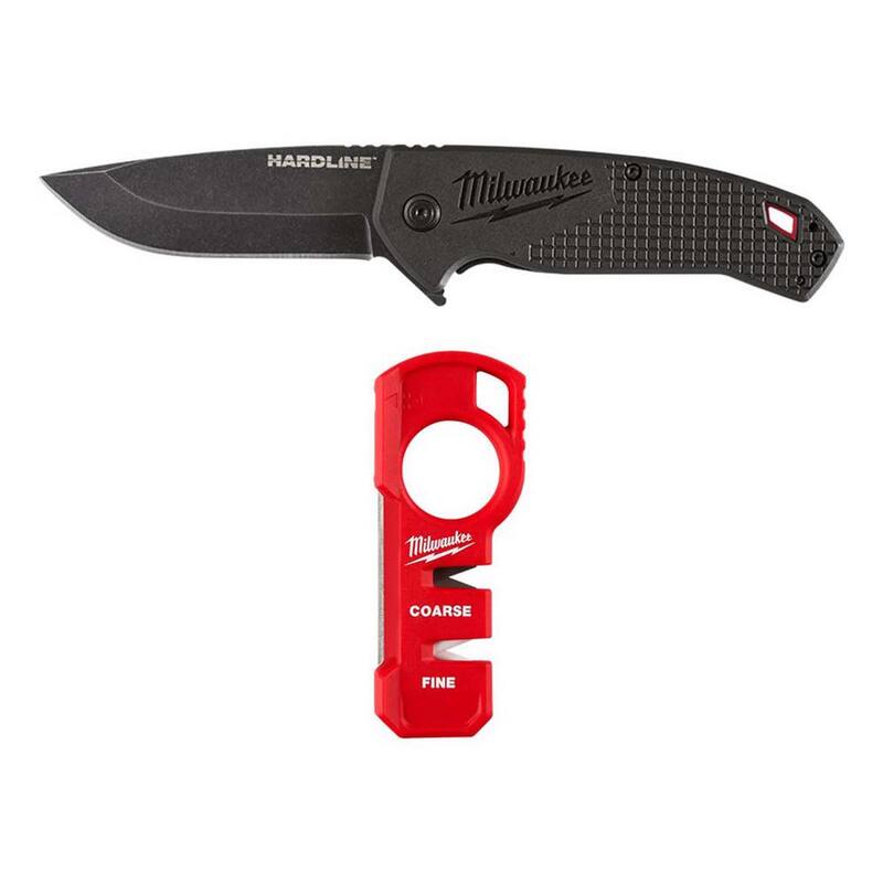 Milwaukee 3 in. Hardline D2 Steel Smooth Blade Pocket Folding Knife with Compact Jobsite Knife Sharpener (2-Piece) - 48-22-1994-48-22-1590
