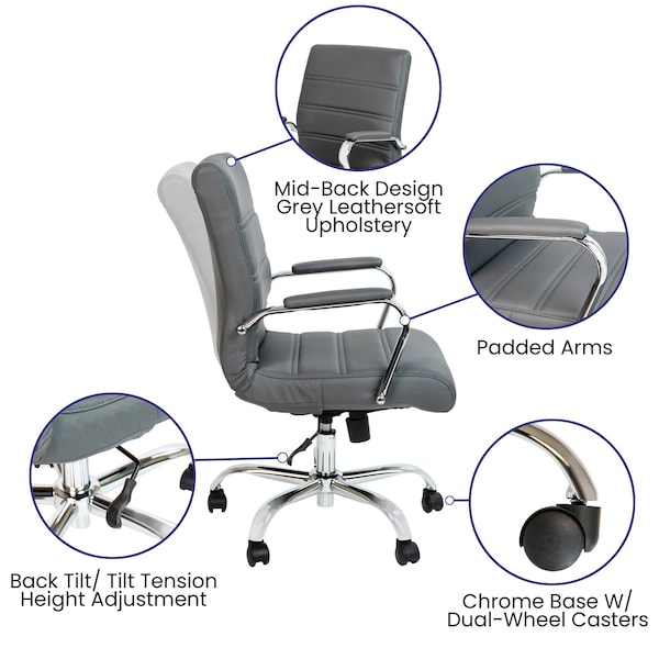 Flash Furniture Mid-Back Gray/Chrome LeatherSoft Executive Swivel Chair - GO-2286M-GR-GG